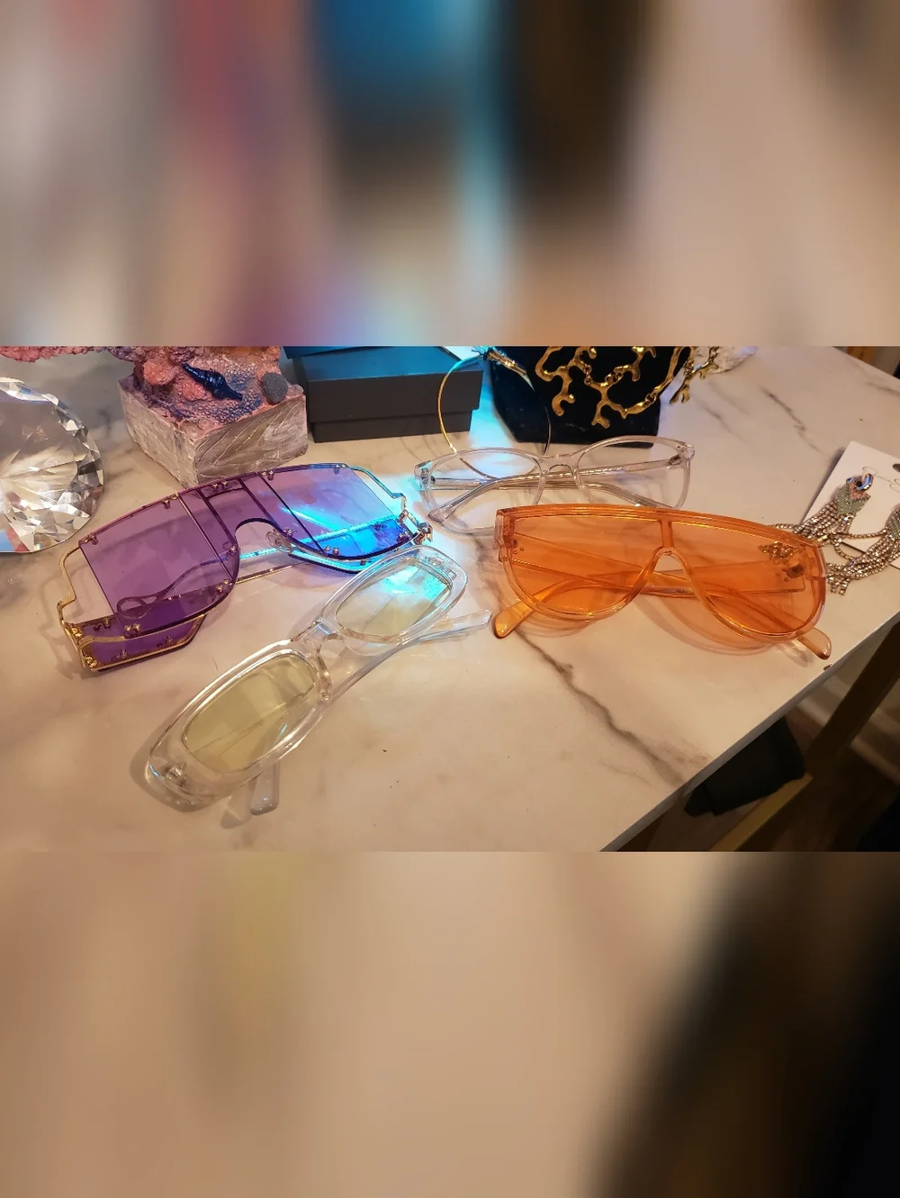 Bundle Of 4- Stylish Oversized Sunglasses - Purple, Orange, Clear, Yellow Lenses - Picture 2 of 6
